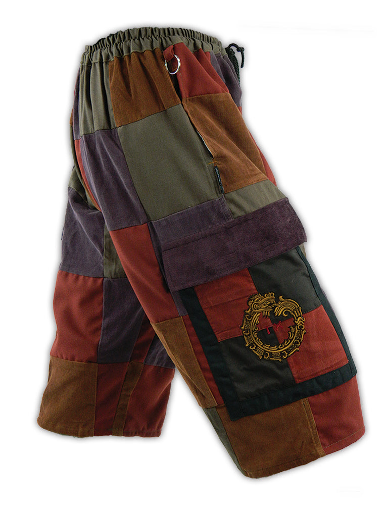 Classic Cargo Patchwork Shorts with Mayan Serpent embroidery