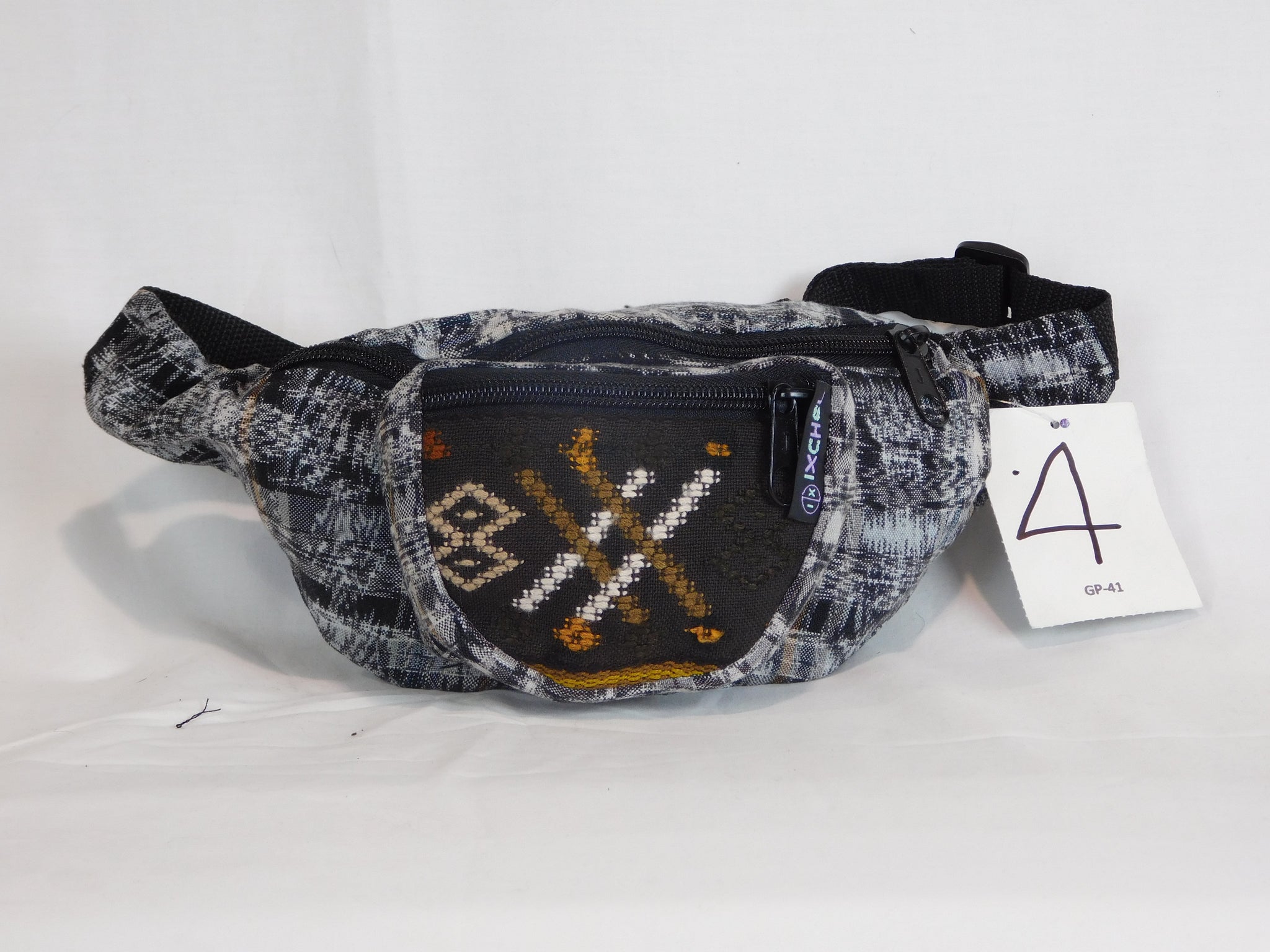 Hand woven waist pack with three pockets & brocade accents