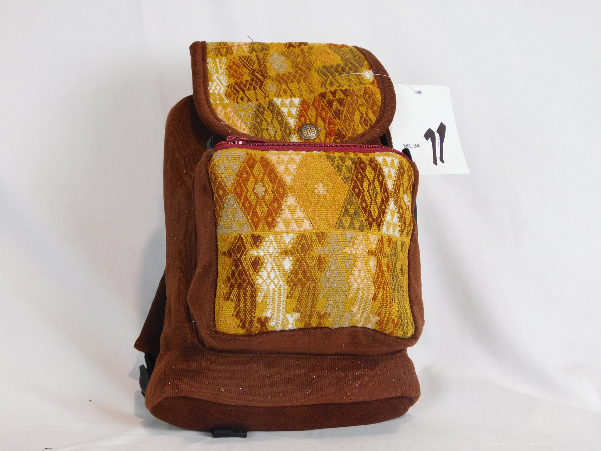 brown mini backpack corduroy Mini backpack in corduroy with hand brocaded accents - Ixchel, Inc