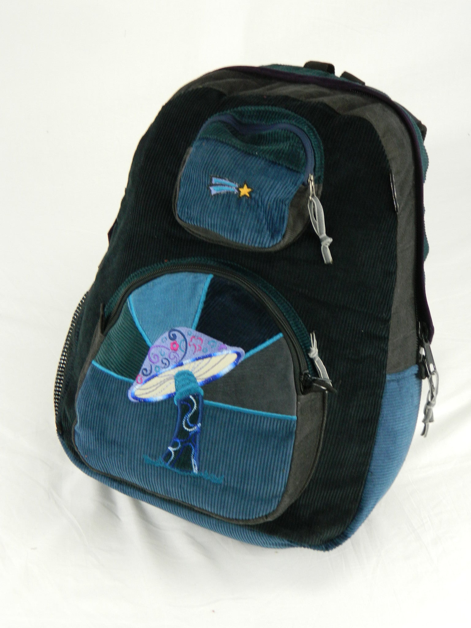 Patchwork Corduroy Backpack with Mushroom Applique (Large)