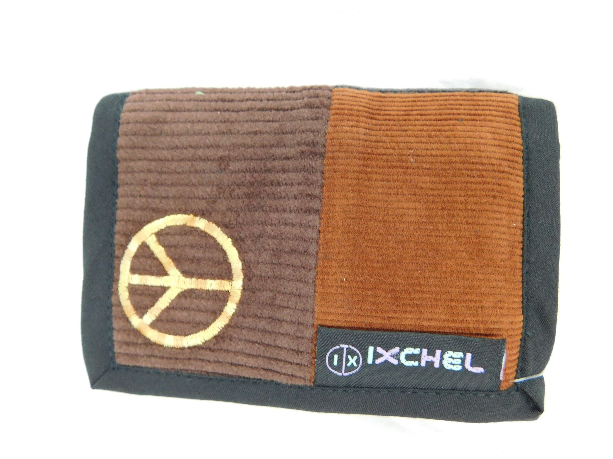 3-Fold Patchwork Corduroy Wallet with Peace Sign Embroidery