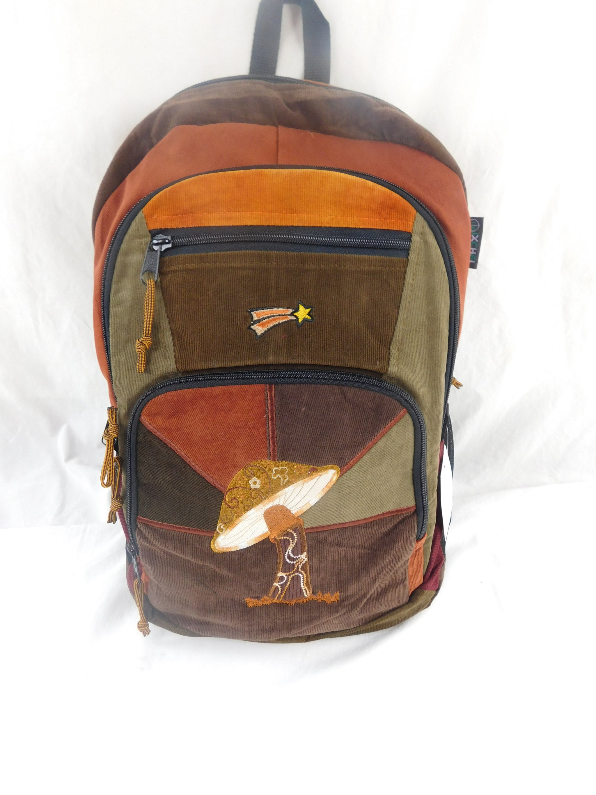 Patchwork Corduroy Backpack with Mushroom