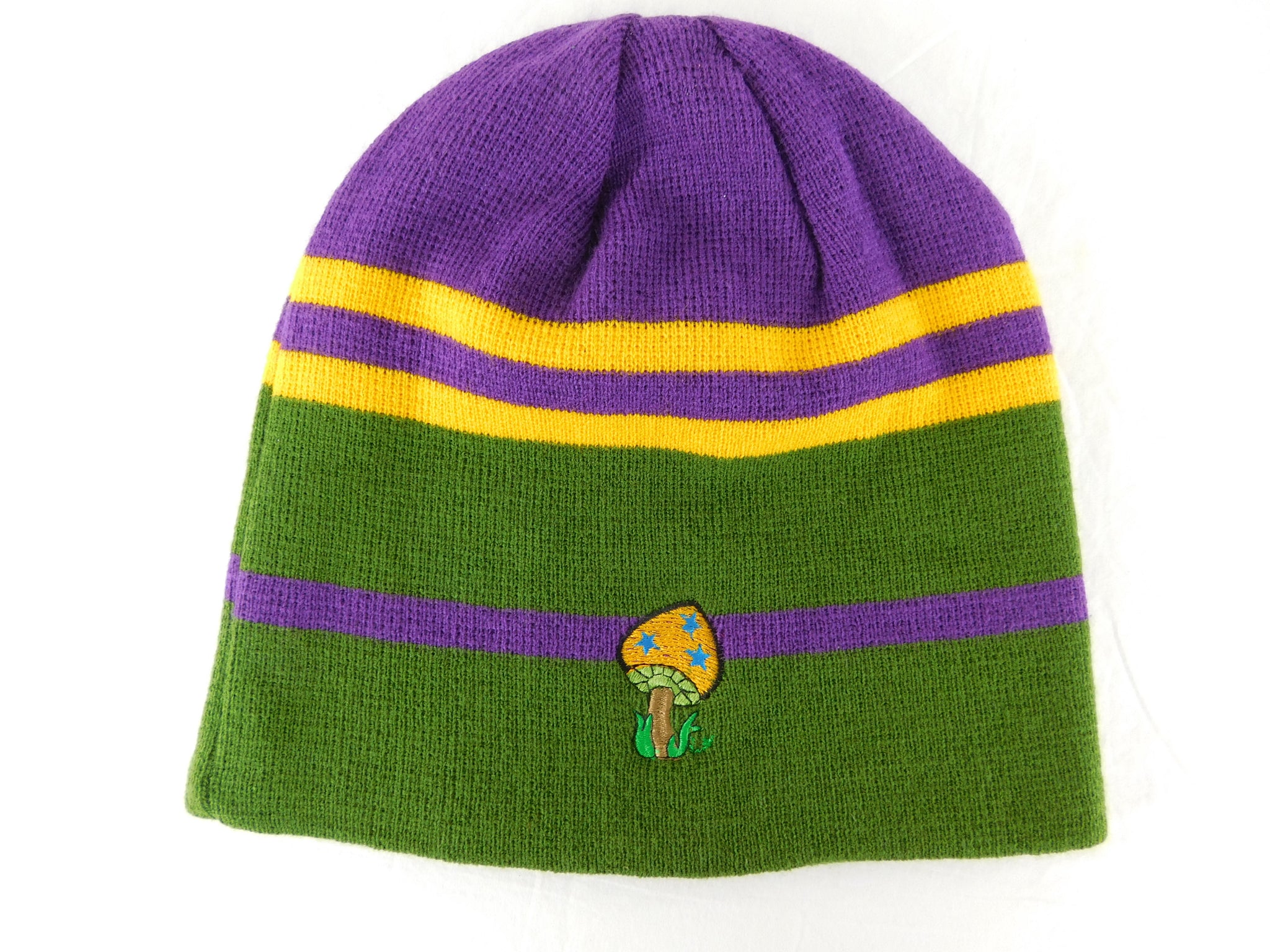 Knit Cap in Mardi Gras Colors with Mushroom Embroidery