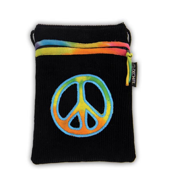 Passsport purse in black corduroy with tie dyed peace sign